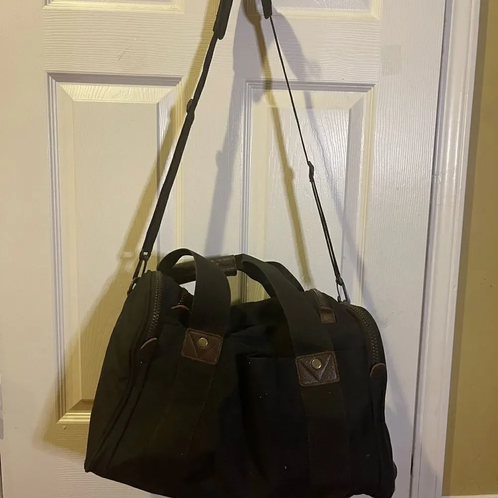 Eddie Bauer Premium Black Canvas brown Leather Duffle Weekender Bag